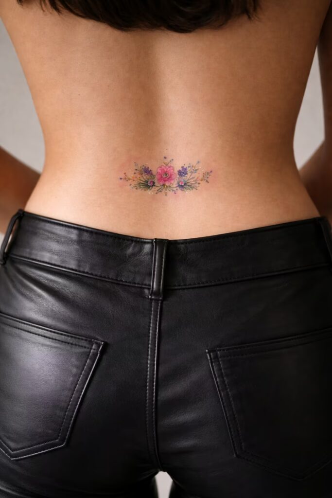 Color Bloom Micro-Floral lower back tattoo