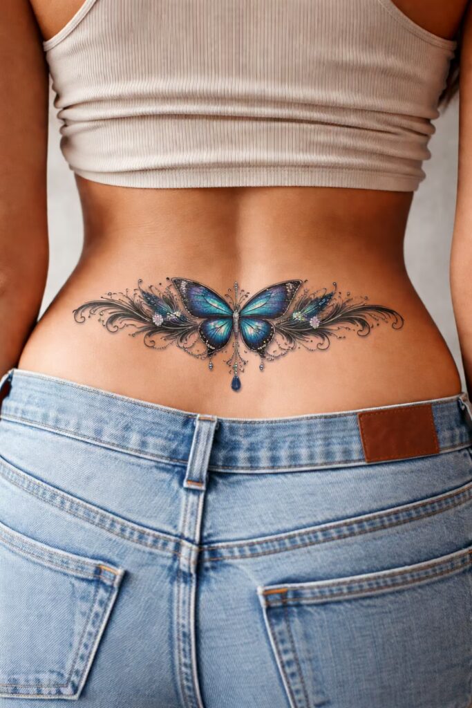 Elegant Butterfly Tramp Stamp tattoo with Ornamental Wings
