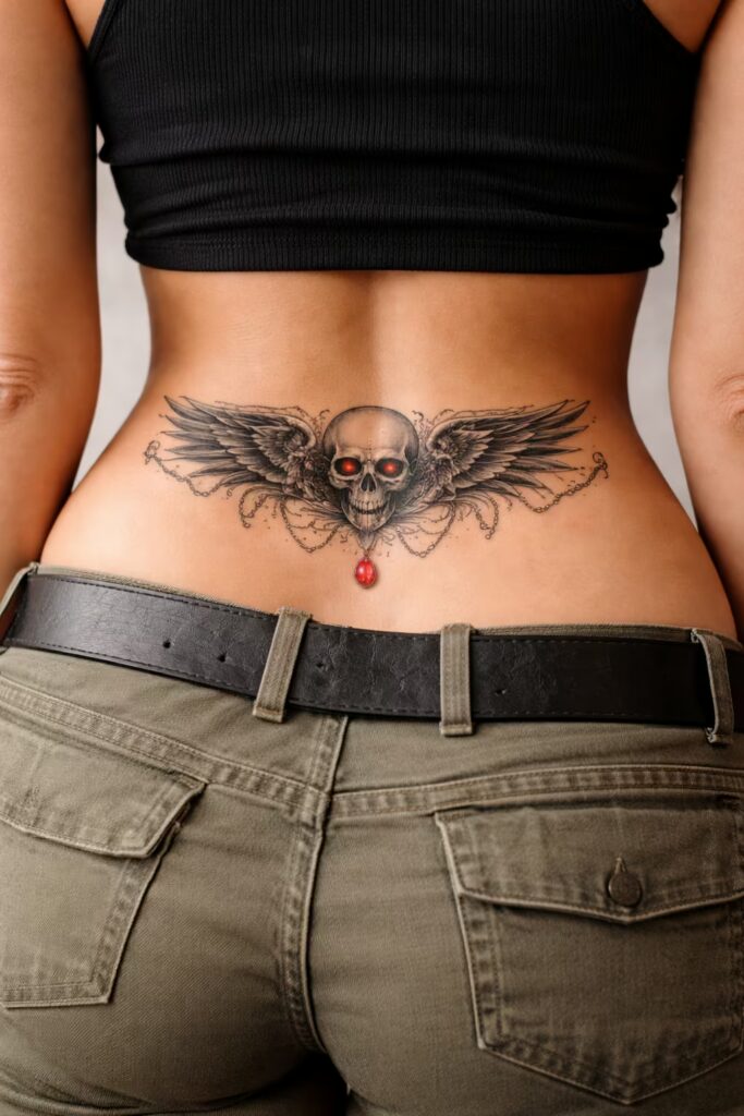 Gothic Winged Skull Tramp Stamp Tattoo