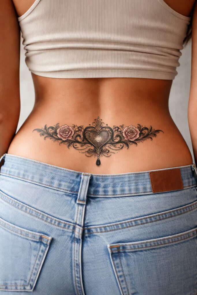 Vintage Heart Filigree Lower Back Tattoo