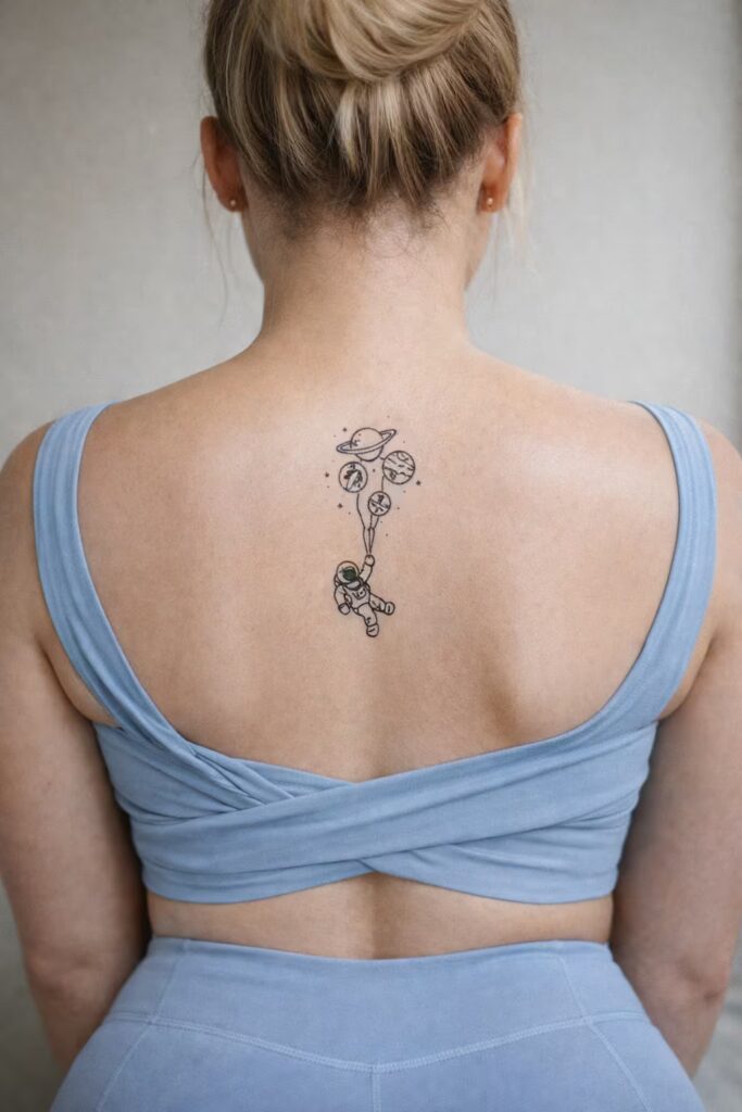 Astronaut Bouquet Minimal Fine Line Tattoo