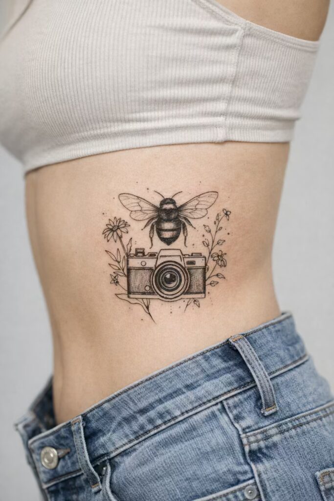 Bee & Daisy Camera Illustration Tummy Tattoo for Women
