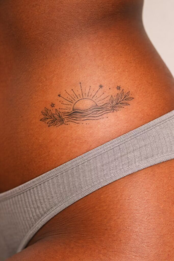 14. Botanical Sun Drift Hip Tattoo