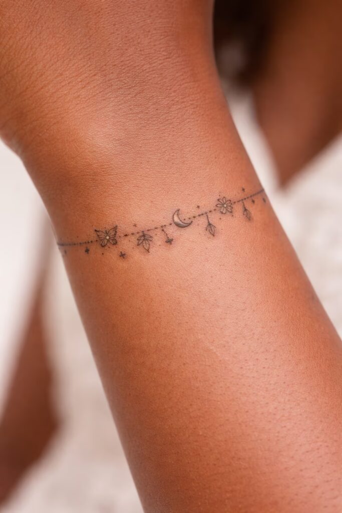 Botanical Leaf & Moon Minimal Tattoo For Women