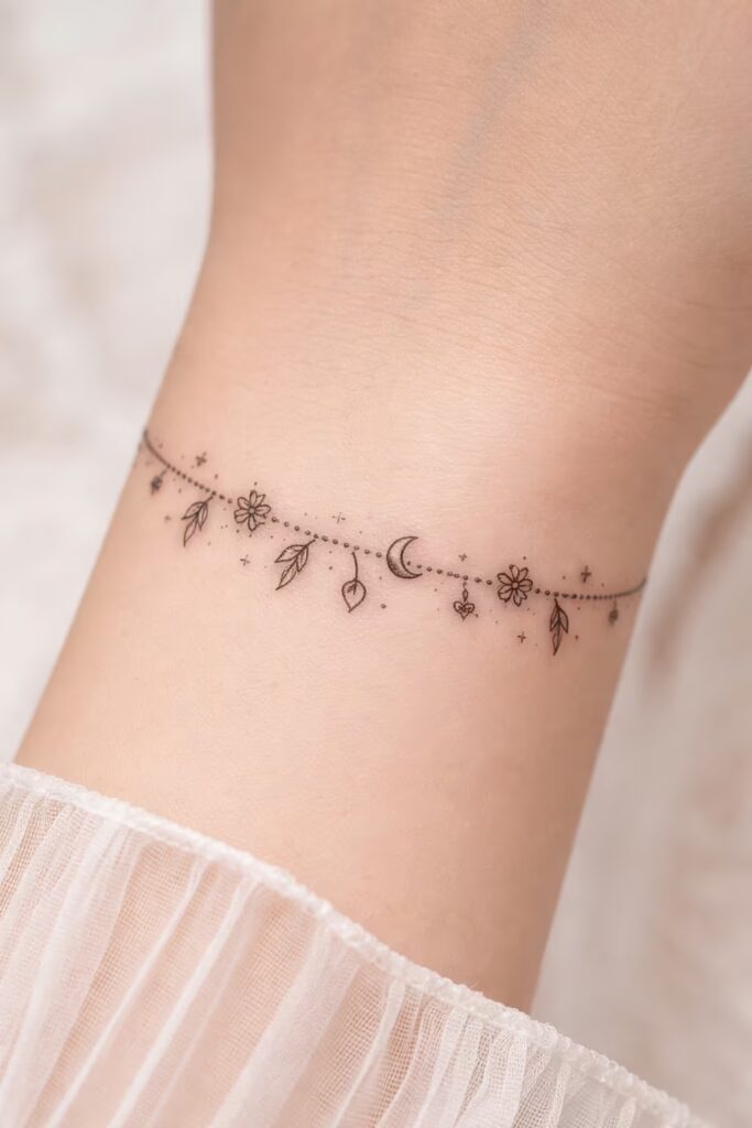 Crescent Moon & Wildflower Chain Bracelet Tattoo