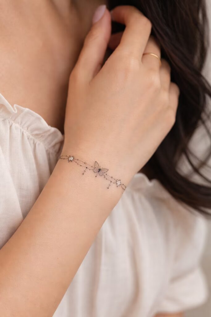 Butterfly & Floral Charm Bracelet Tattoo For Women