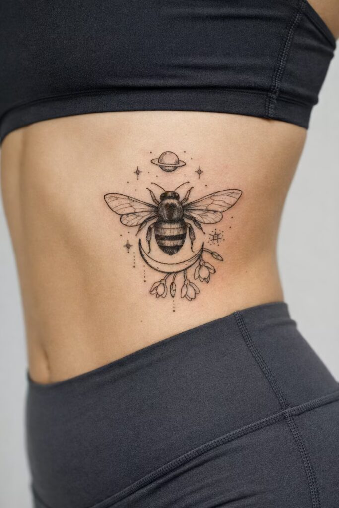Celestial Bee & Botanical Motif Side Tummy Tattoo for Women