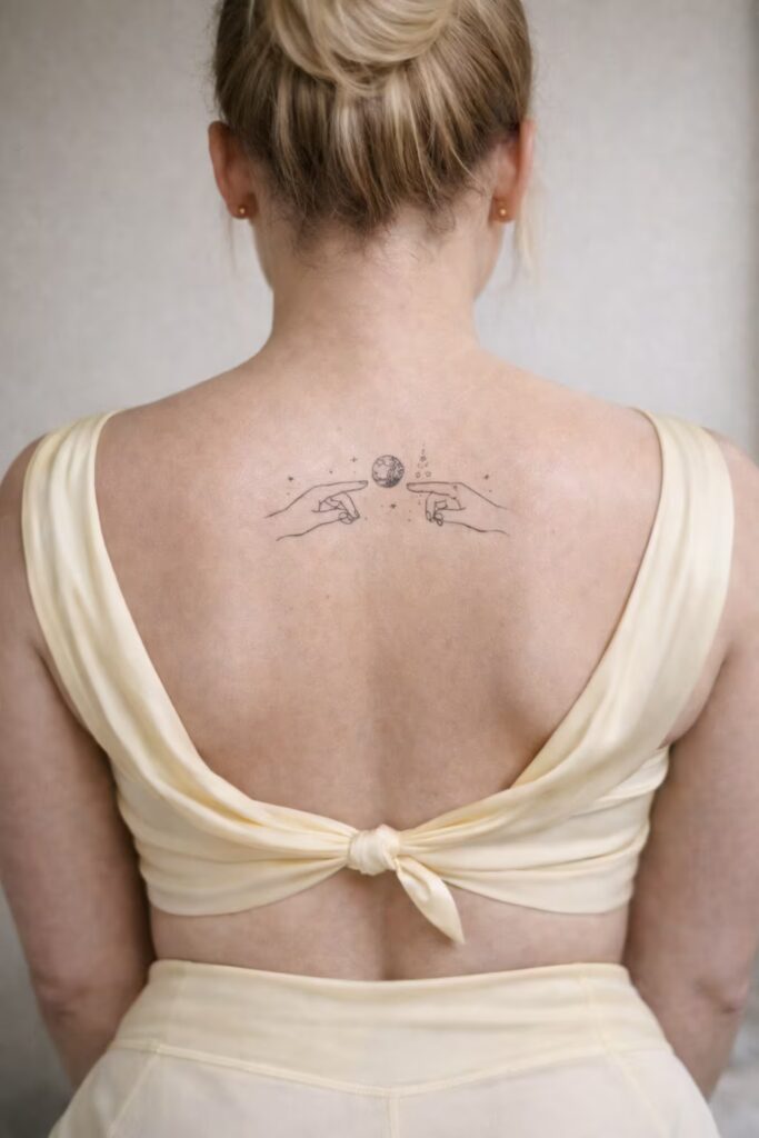 Celestial Hands Fine Line Back Tattoo Women