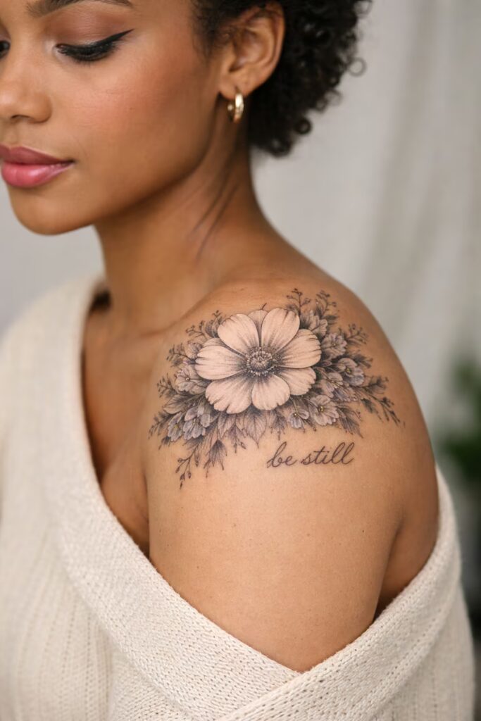 Cosmos Harmony Floral Shoulder Cap Tattoo
