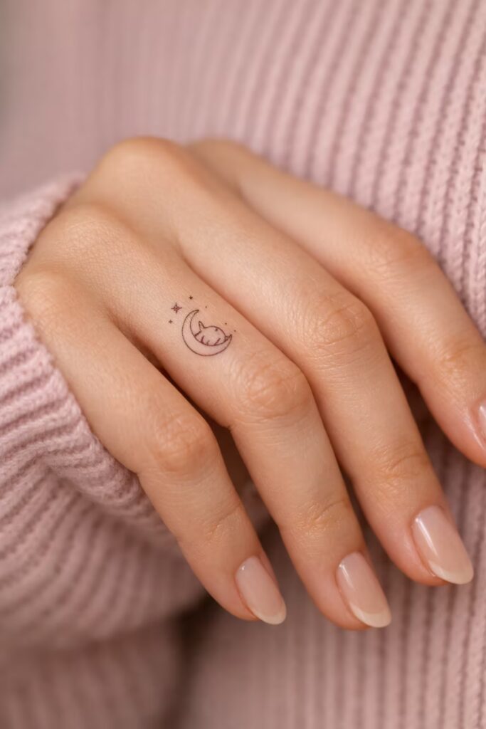 Crescent Moon Cat Hand Tattoo Design