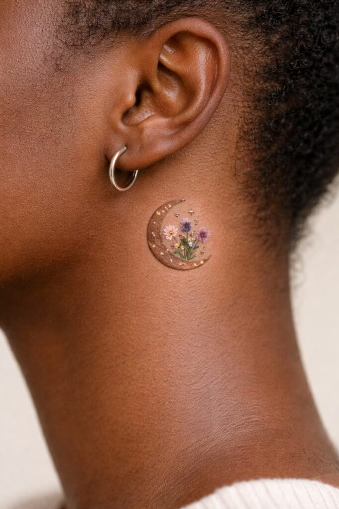 Crescent Moon & Daisy Meaningful Small Tattoo