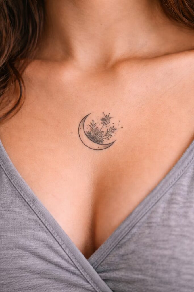 Crescent Moon & Wildflower Dotwork Small Tattoo