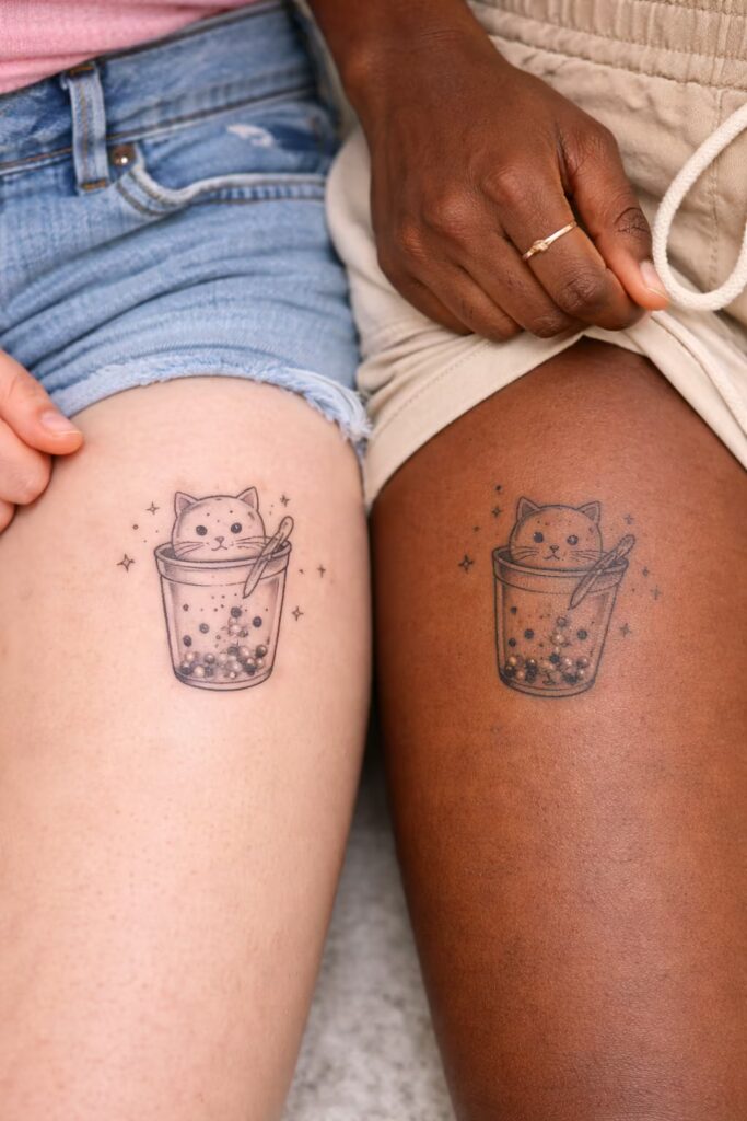 Cute Cat in a Cup Best Friend Tattoos