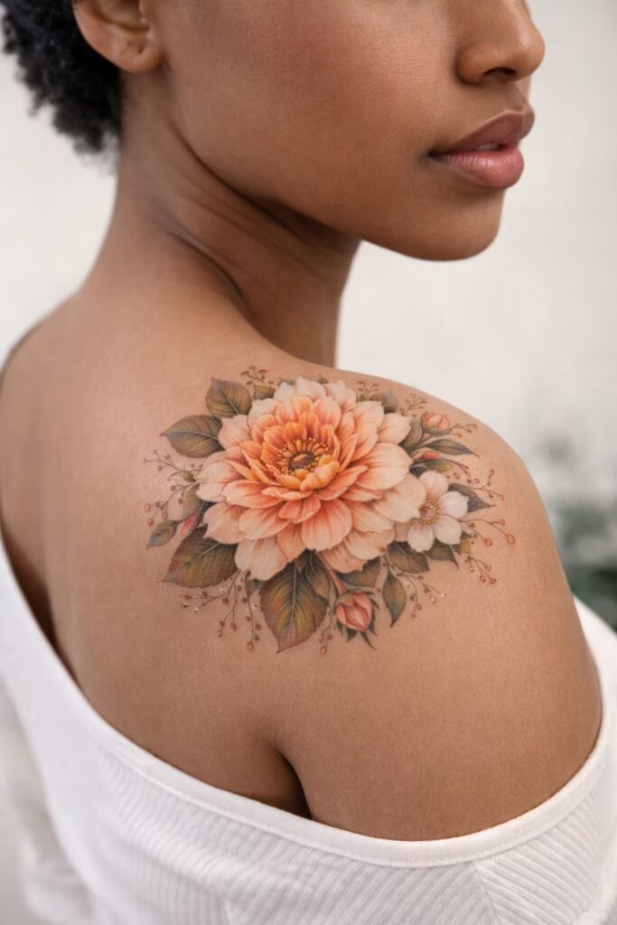 Dahlia Garden Shoulder Tattoo