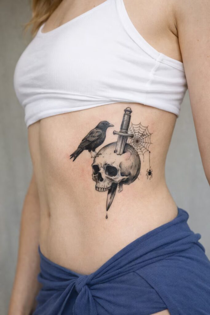 Dark Raven & Dagger Side Tummy Tattoo for Women