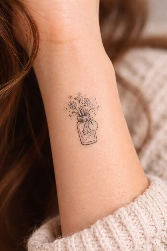 Floral Jar Tiny Girly Hand Tattoo 