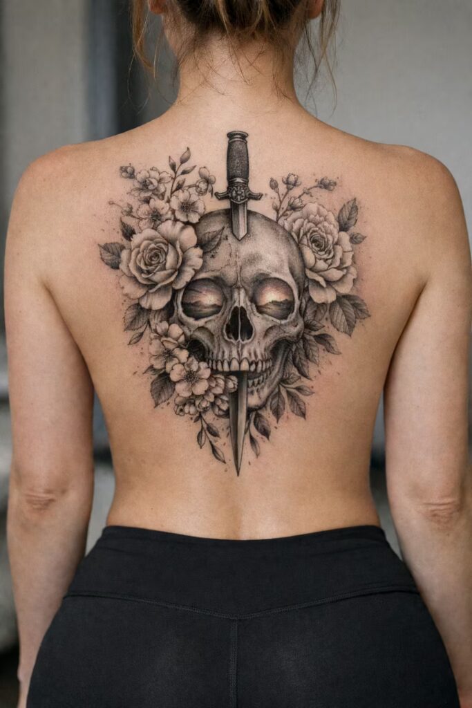 Floral Skull and Dagger Back Tattoo for Women