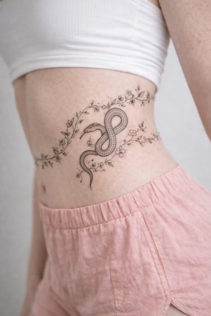 Floral Snake Side Tummy Tattoo for Women