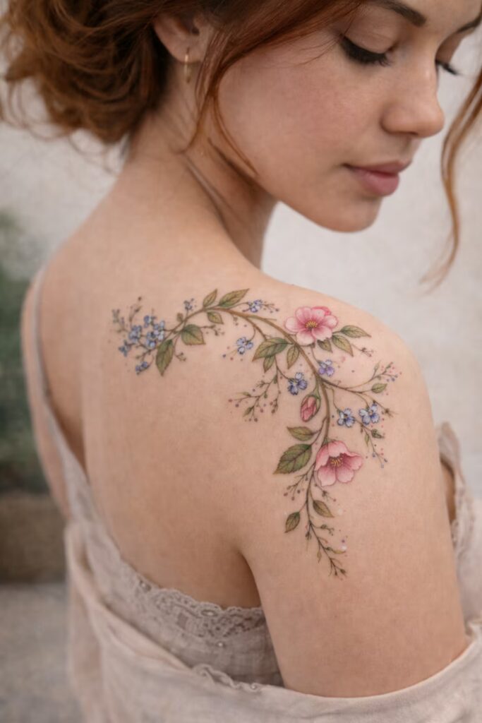 Floral Vine Flow Shoulder Tattoo