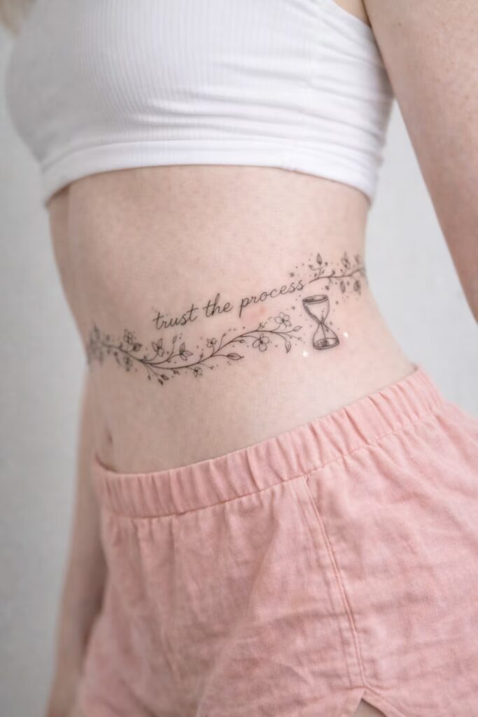Floral Vine & Hourglass Side Tummy Tattoo for Women (Botanical Design)