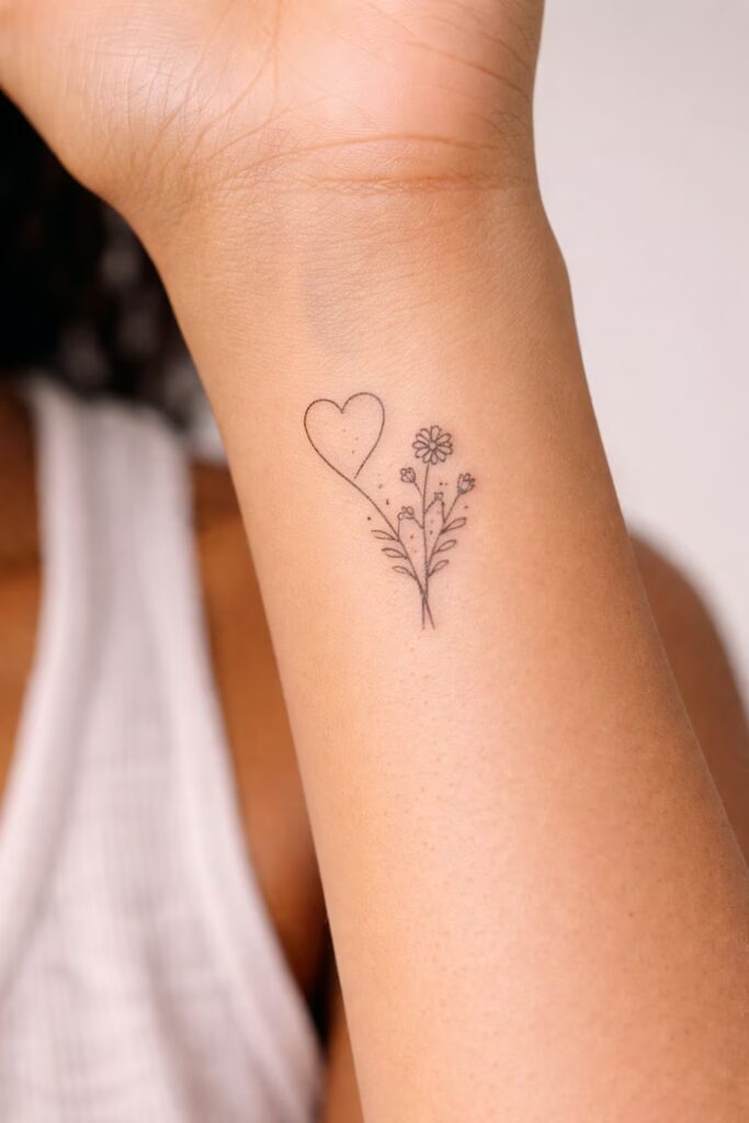 Heart & Daisy Stem Meaningful Small Tattoo