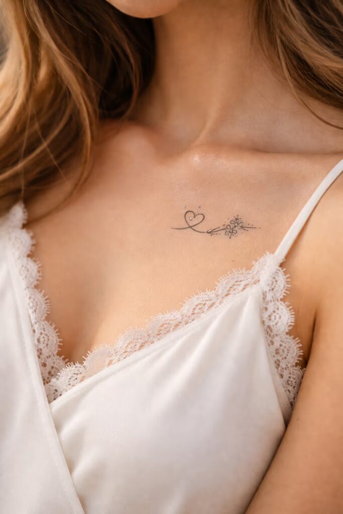 Heart & Floral Under Collarbone Tattoo Ideas for Women