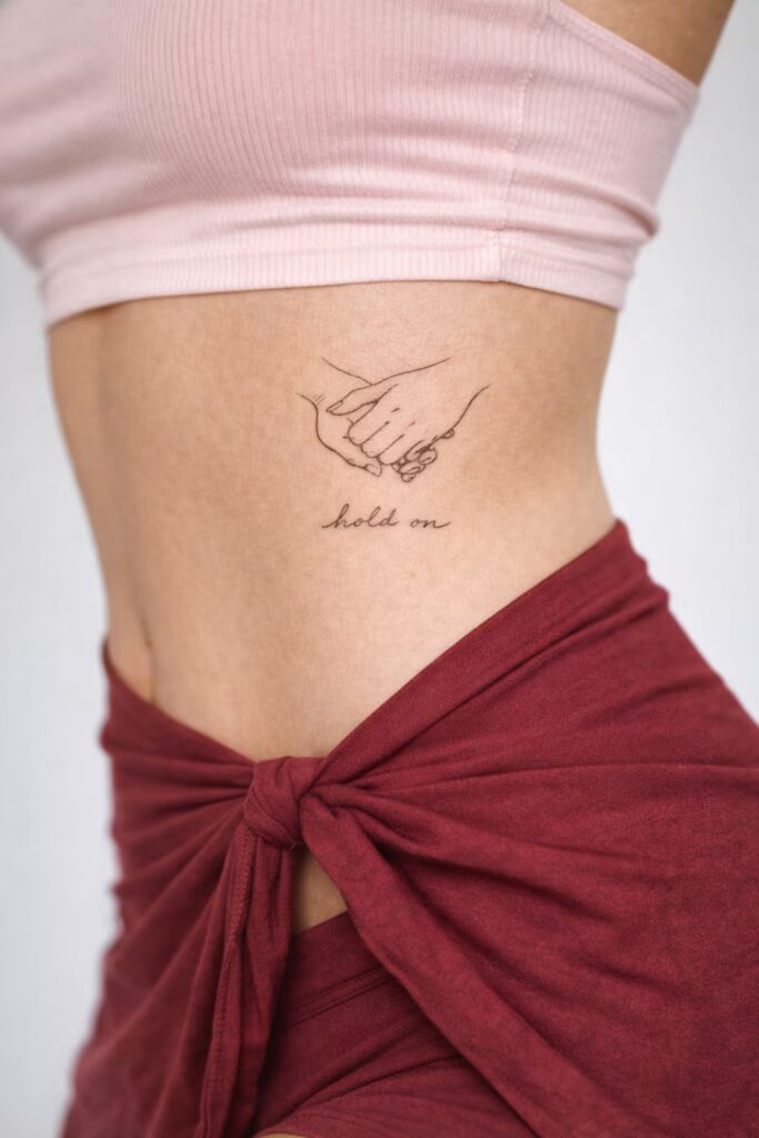 Holding Hands Line Art Side Tummy Tattoo for Women