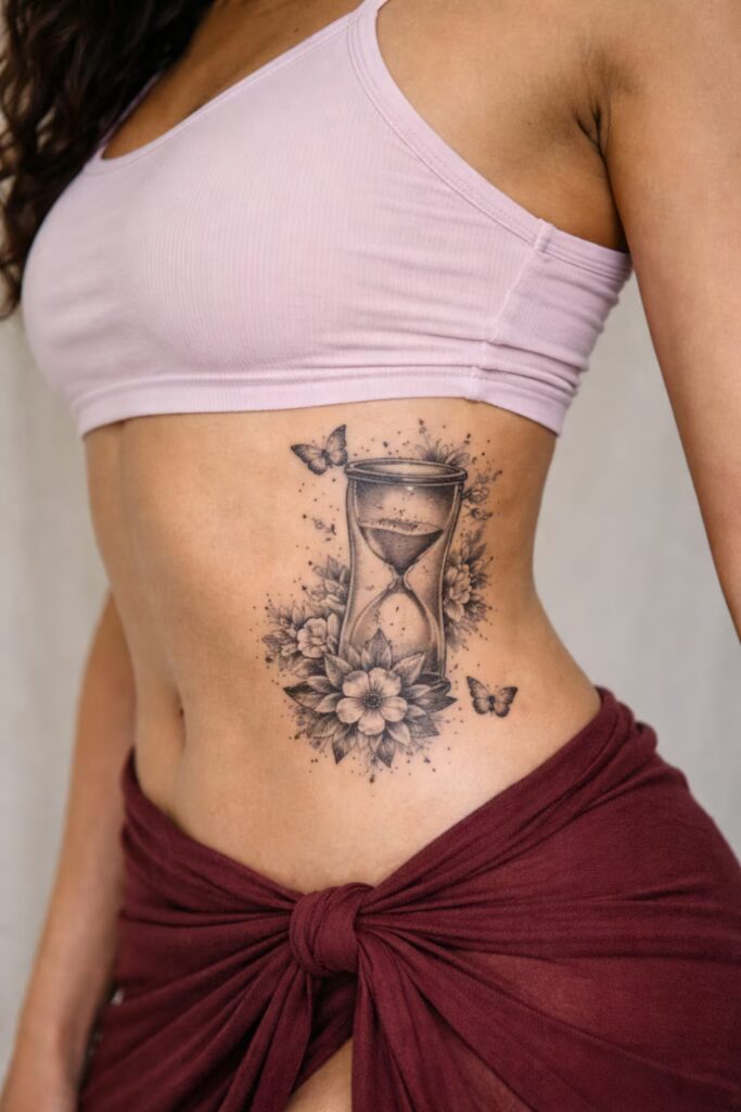 Hourglass & Floral Side Tummy Tattoo for Women