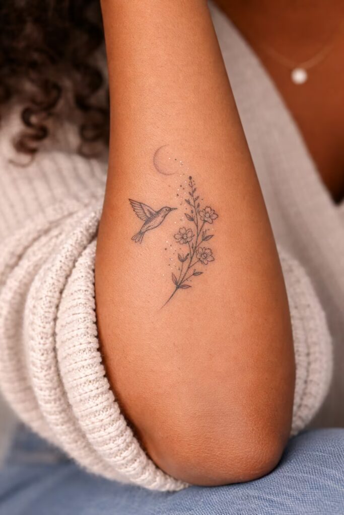 Hummingbird & Flower Inner Arm Tattoo