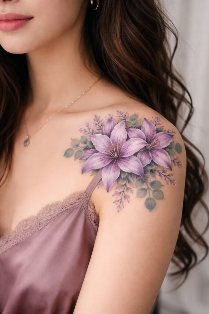 Lily Blossom Shoulder Tattoo