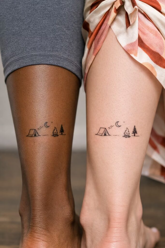 Minimalist Camping Scene Matching Bestie Tattoos