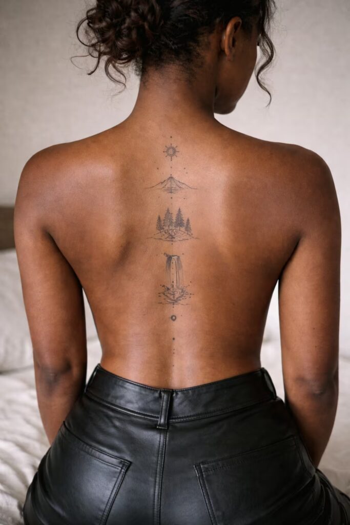 Mountain and Waterfall Back Tattoo for Women