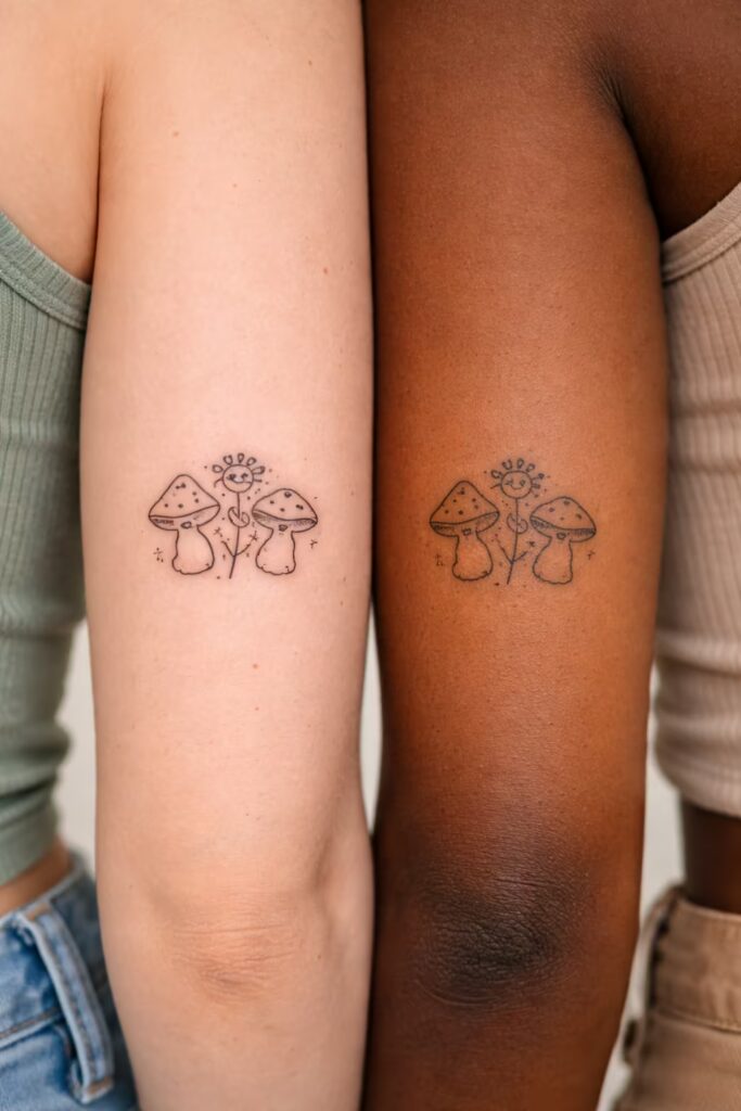 Mushroom and Floral Best Friend Tattoos