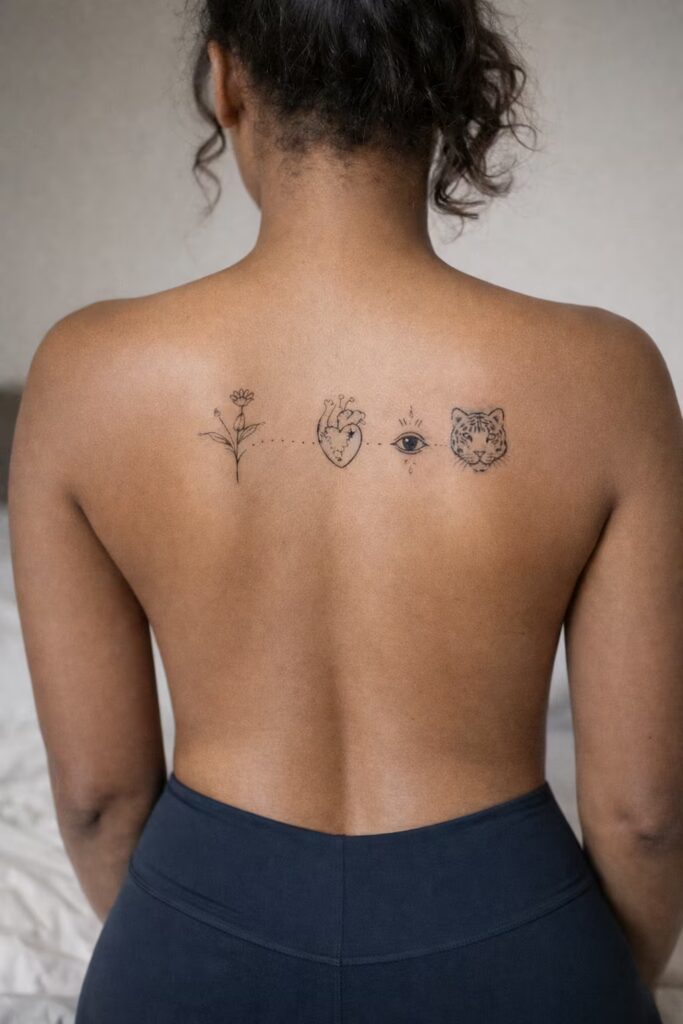 Nature-Inspired Back Tattoo with Heart and Eye Symbols