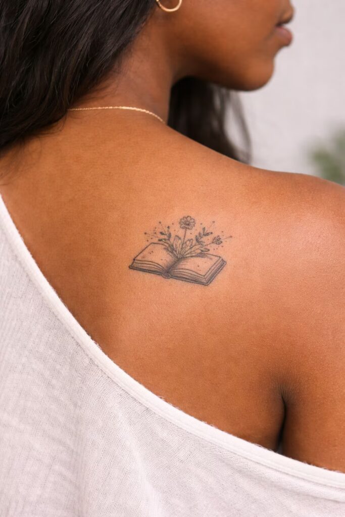 Open Book with Flowers Fine Line Tiny Tattoo