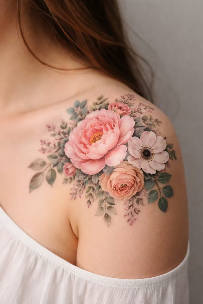 Peony Shoulder Tattoo