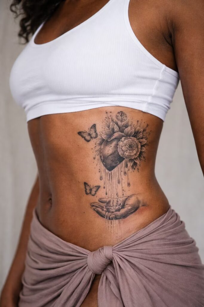 Sacred Heart Floral Side Tummy Tattoo for Women
