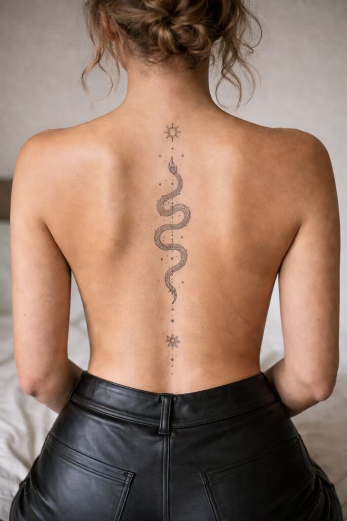Serpent Back Tattoo with Celestial Accents