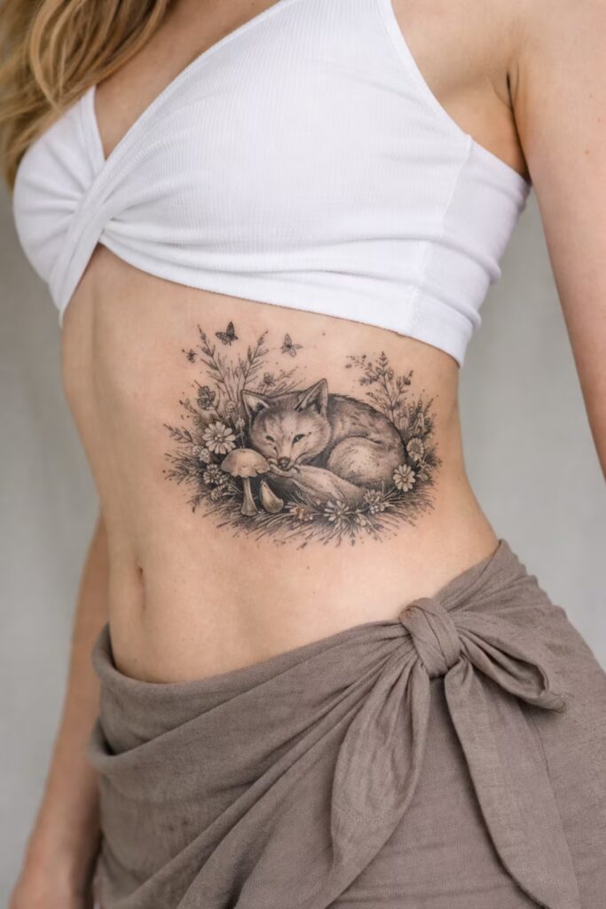 Sleeping Fox & Wildflowers Side Tummy Tattoo for Women