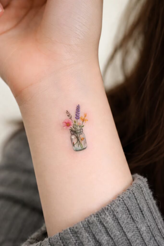Tiny Wildflower Jar Small Tattoo