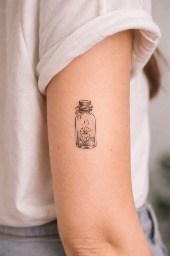 Tiny Bottle Tattoo With Daisy and Moon
