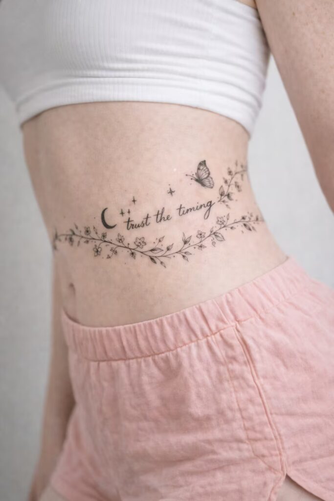 Trust the Timing Celestial Side Tummy Tattoo for Women