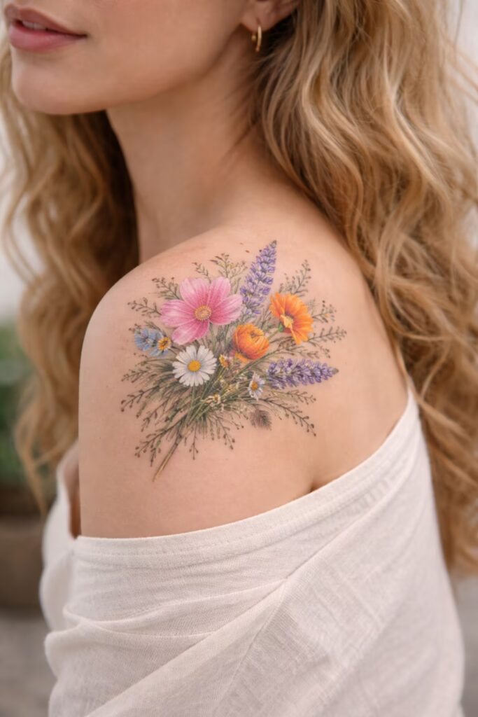 Wildflower Meadow Shoulder Tattoo