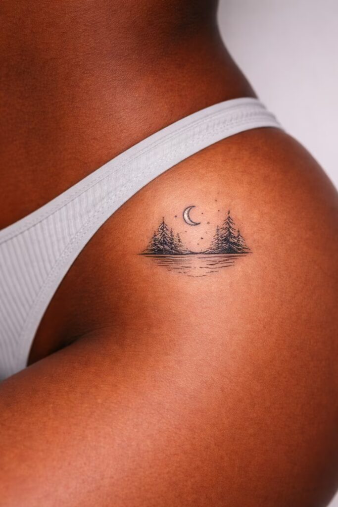 12. Moonlit Lake & Pine Trees hip Tattoo