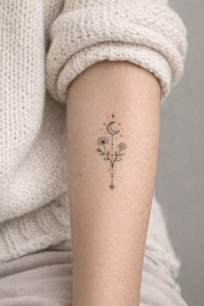 Moon & Wildflower Path Tattoo Ideas for Women