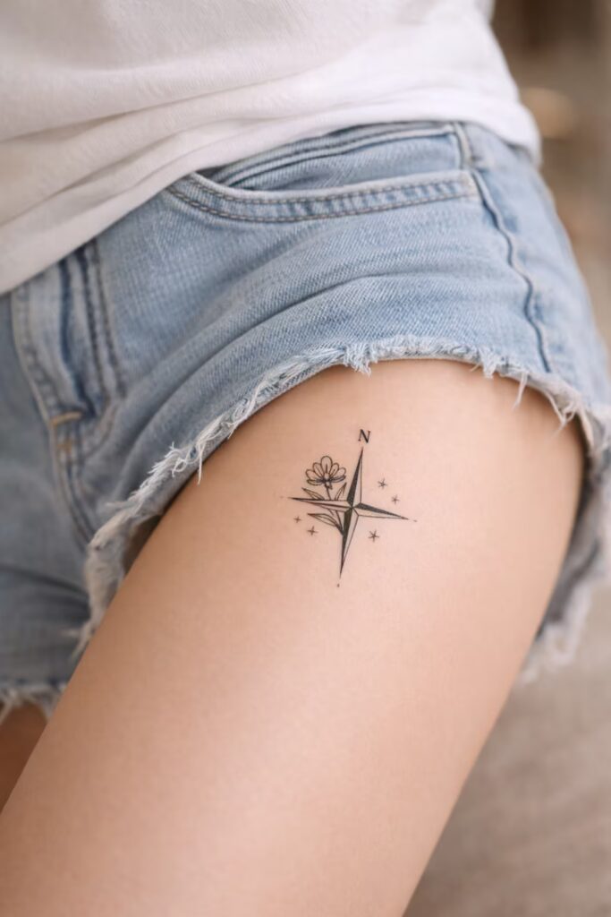 Botanical Compass Rose Side Thigh Tattoos for Women