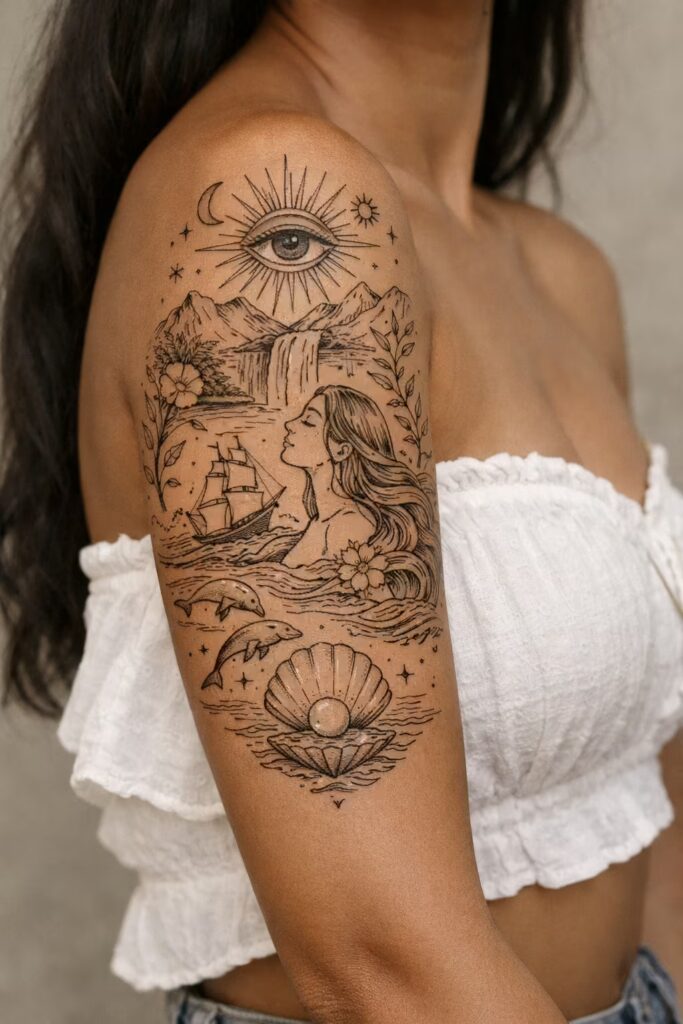 Celestial Ocean Goddess – Meaningful Half Sleeve Tattoos for Women