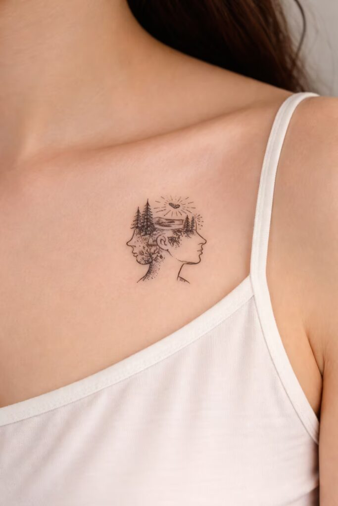 Collarbone Serenity Mental Awareness Tattoo with Nature Elements