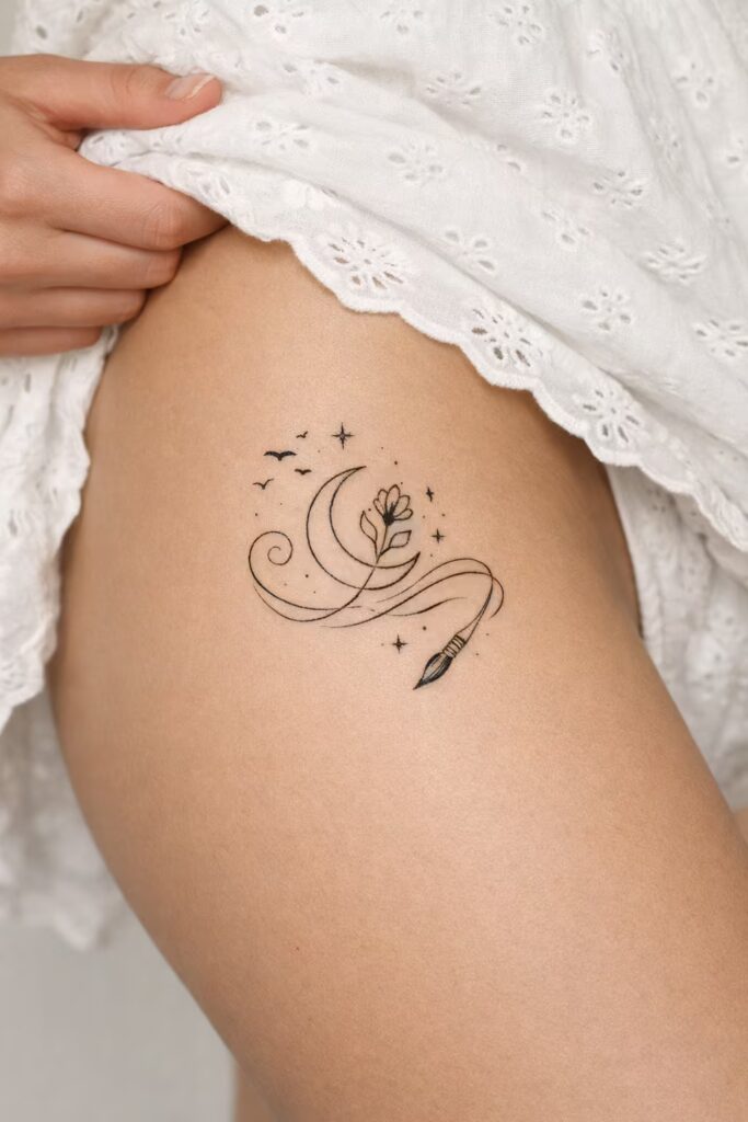 Crescent Bloom Dream – Side Thigh Tattoos for Women