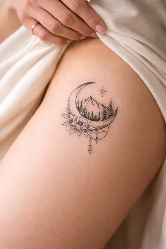Crescent Forest Bloom – Side Thigh Tattoos for Women with Floral Elegance